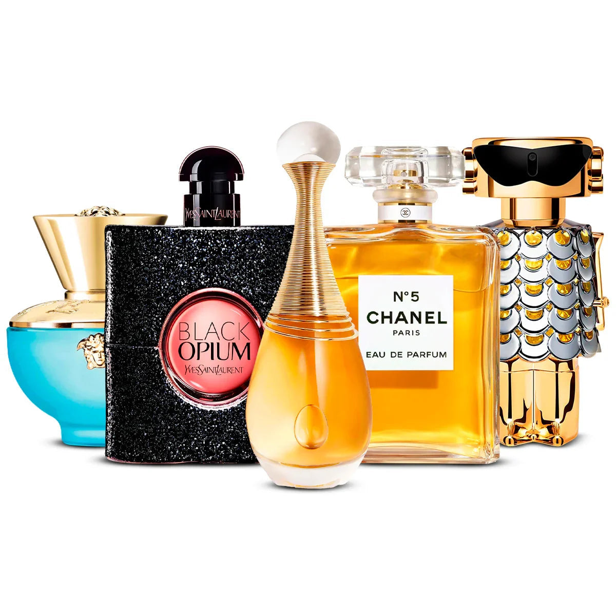 Set di 5 profumi  | Versace Dylan Turquoise + Black Opium + J'adore + Chanel N°5 + Fame